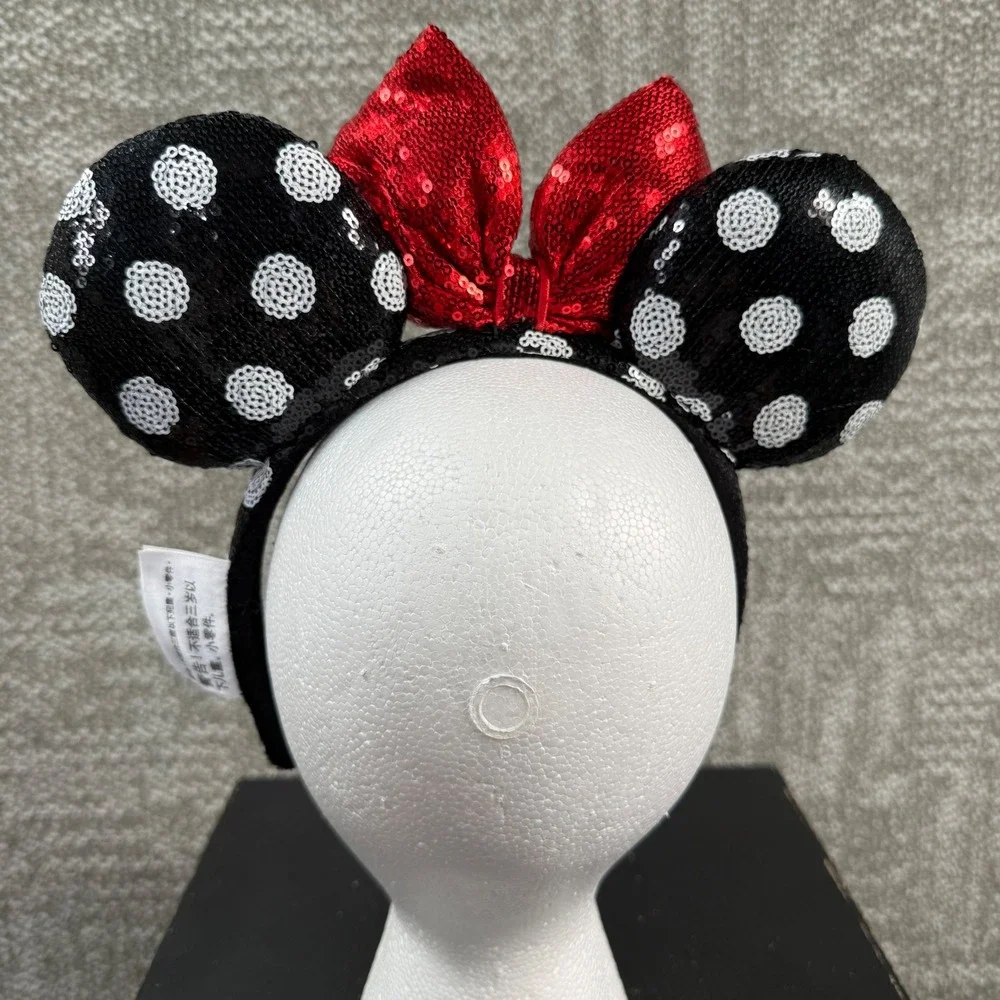 Disney Parks Minnie Mouse Polka Dot Sequin Headband Black White Ears Accessory